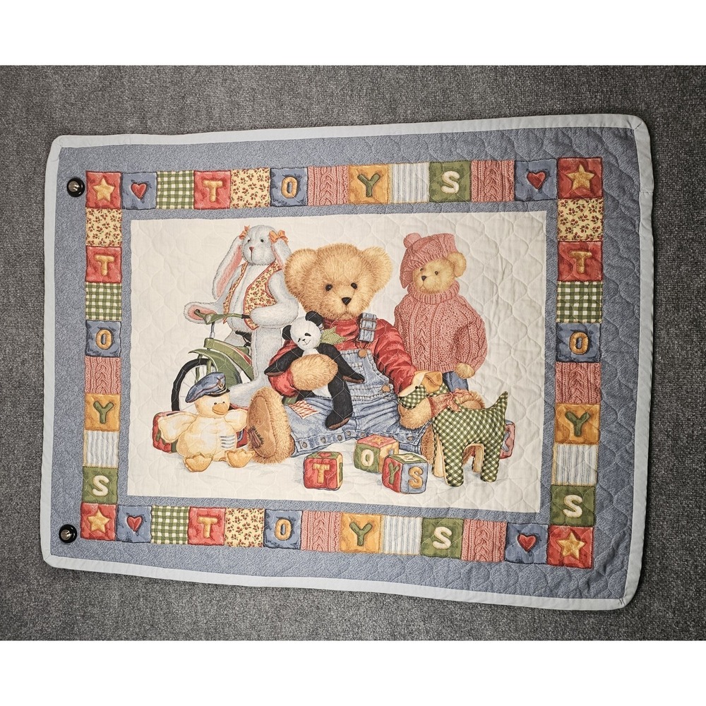 Vintage Blue Jean Teddy Bear Toys Baby Nursery Crib 32"x42" Blanket Quilt Thin